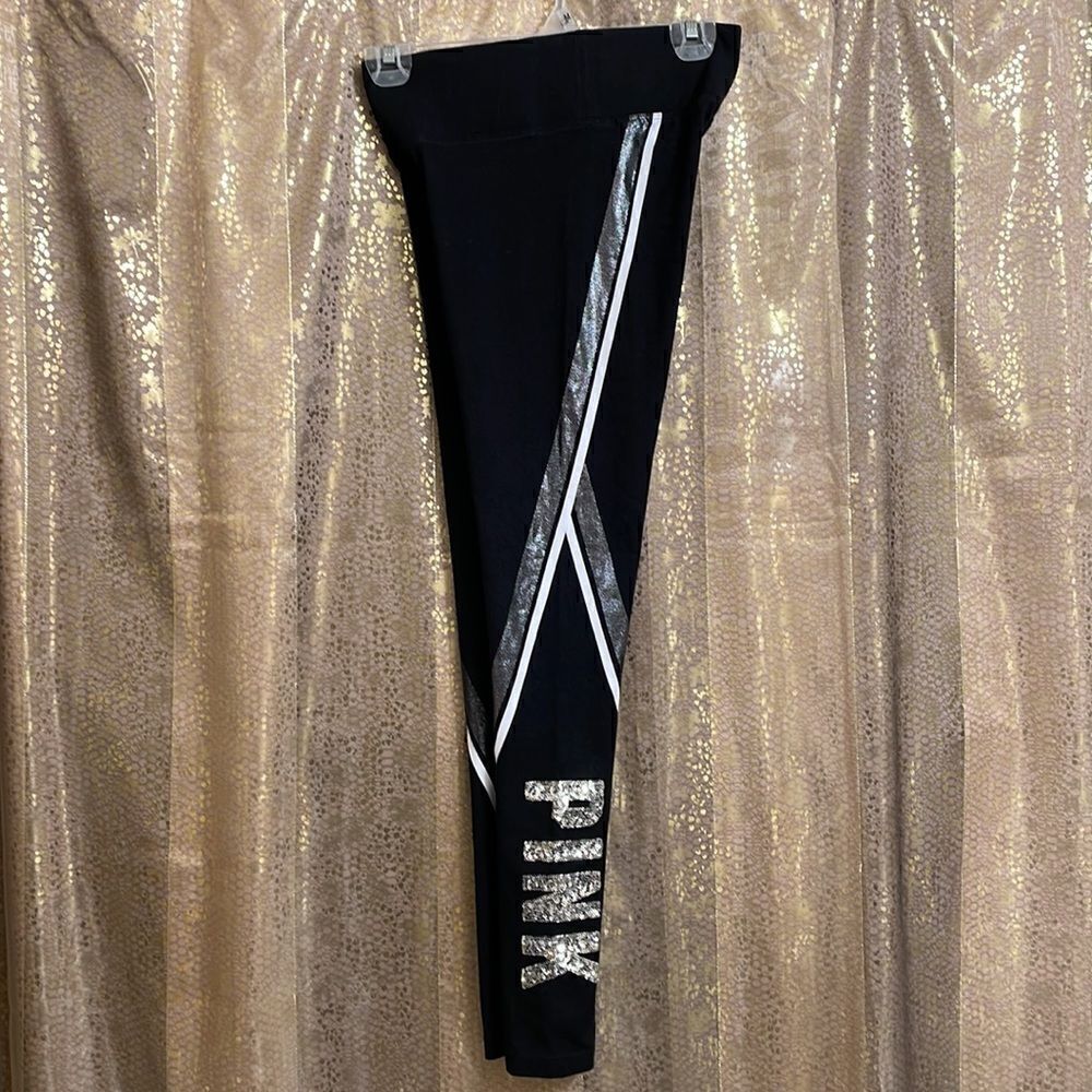 PINK Victorias Secret RARE black/silver sequin bling yoga pants, size XS, EUC